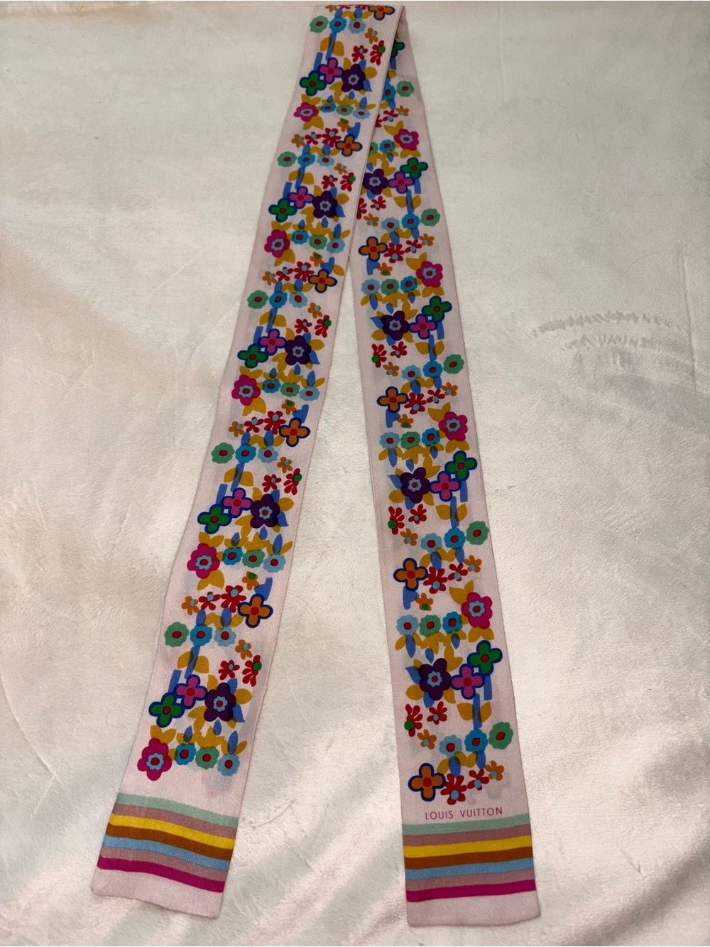 100% Authentic Louis Vuitton Multicolor Floral Silk Bandeau Scarf Twilly